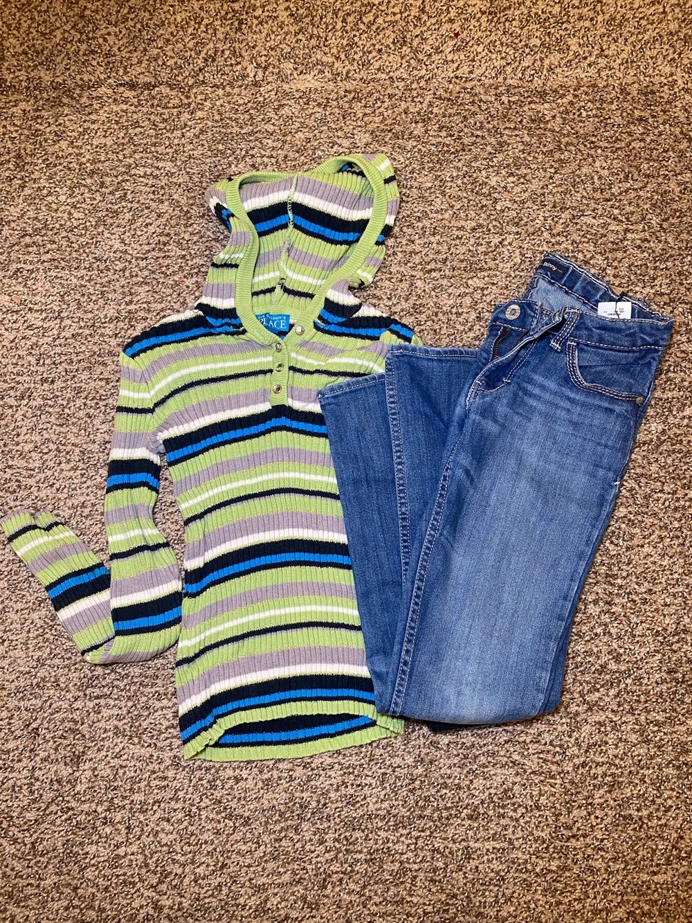 Striped Hooded Rib Knit Top with blue jeans